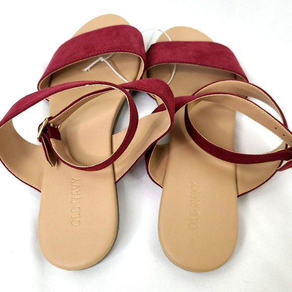 NEW Old Navy Womens Sz 10 Faux Suede Burgundy Red Ankle Strap Sandals Flats - Picture 3 of 4